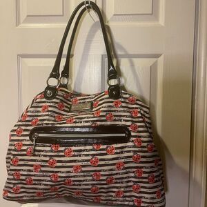 Betsey Johnson fabric Black & White red ladybugs weekender bag synthetic trim